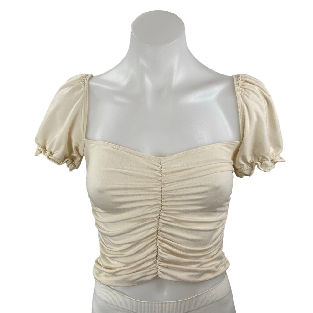 Reformation Fallow Womens Cream Ruched Puff Sleeve Square Neck Crop Blouse Top S